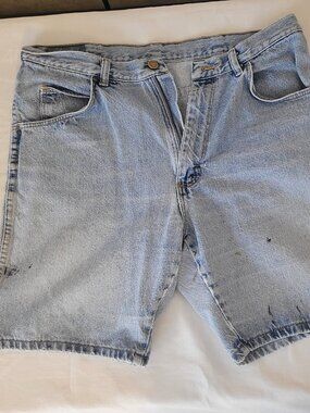 Blue Jean Shorts Womens Wrangler Distressed Worn Stained